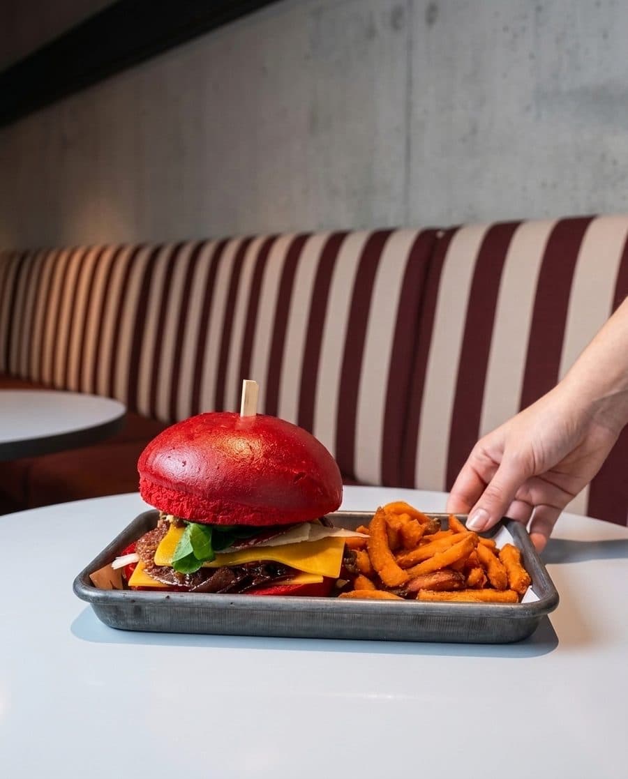 Burger au pain brioché rouge et frites de patate douce, mis en scène par FotoResto